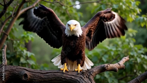 Bald eagle spreading wings while perched on tree branch in natural forest environment
