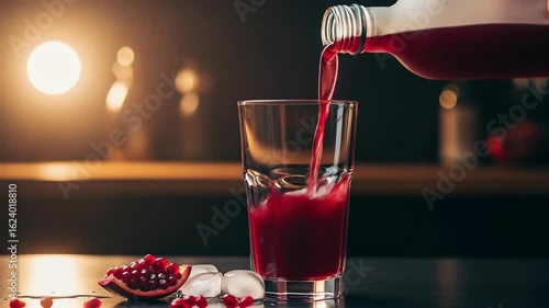 A close-up shot of pomegranate juice being poured into a glass with ice cubes.