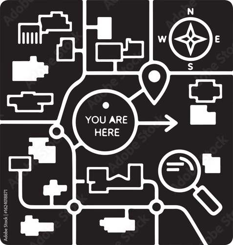 Black and white map with location pin compass and magnifying glass navigation