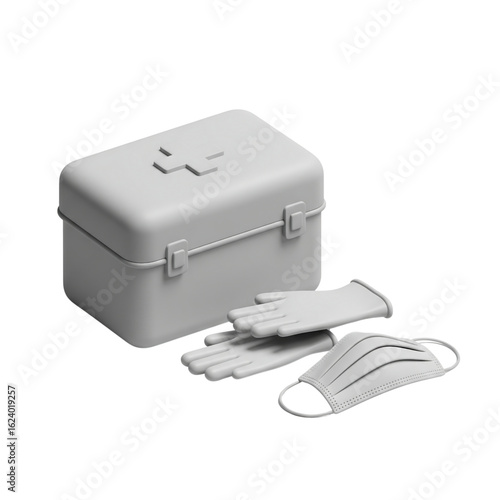 Minimalist 3D render of essential medical safety equipment, including a first aid kit, protective face mask, and disposable gloves.