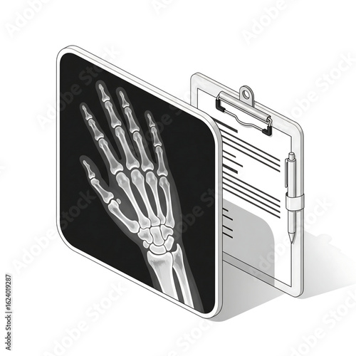 Medical diagnosis concept with a hand radiograph and a patient chart for orthopedic examination and healthcare.