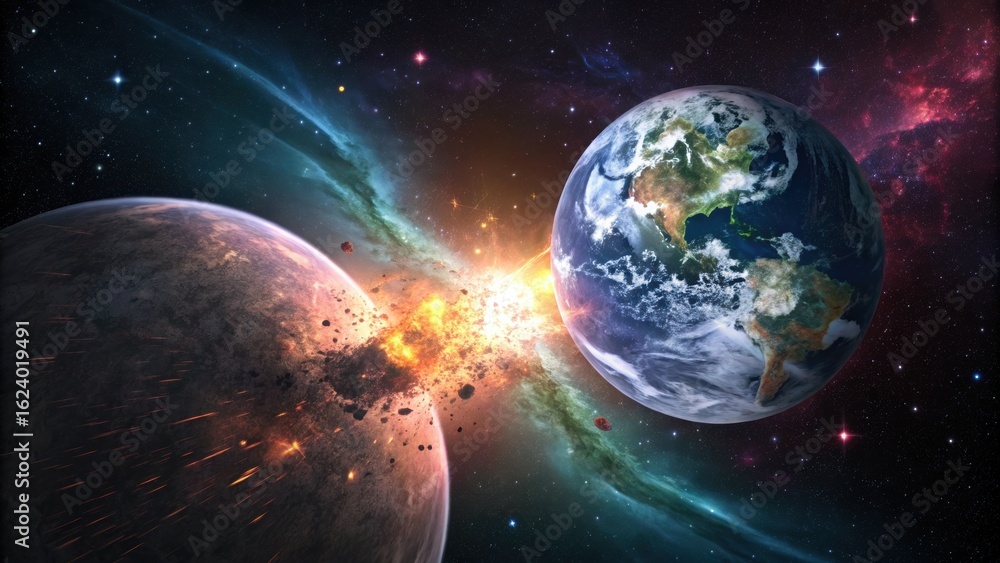 Obraz premium Dynamic cosmic collision with planets and nebulae igniting a spectacular celestial event