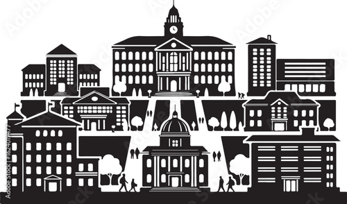 Black and white silhouette of a university campus with multiple buildings and people