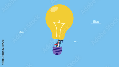 Businessman riding light bulb balloon using spyglass or telescope searching for vision. Search for new business opportunity, idea or inspiration, business visionary, challenge or achievement.
