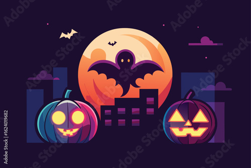 neon style glowing pumpkins  bats  ghosts  spiders.eps