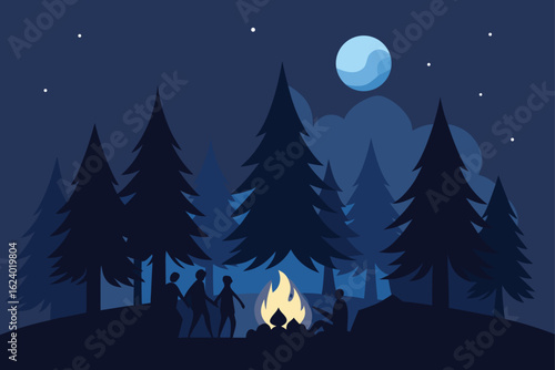 nighttime forest camping scene with people around  (1).eps