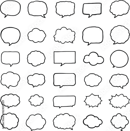 Hand-drawn speech bubbles and thought balloons, sketch vector set for dialogue, communication, and comics