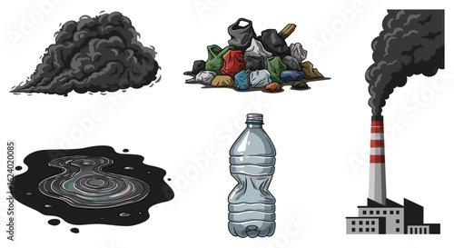 Environmental pollution causes factory smoke plastic waste oil spill and environmental damage concept art on transparent background