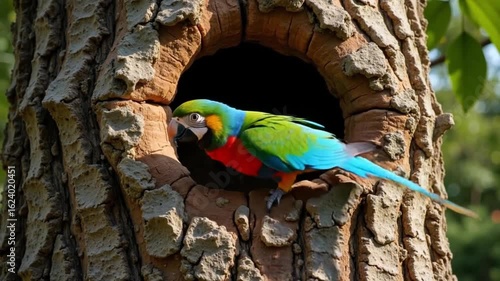 Colorful parrot perched on tree trunk near hollow nest opening in natural outdoor environment
