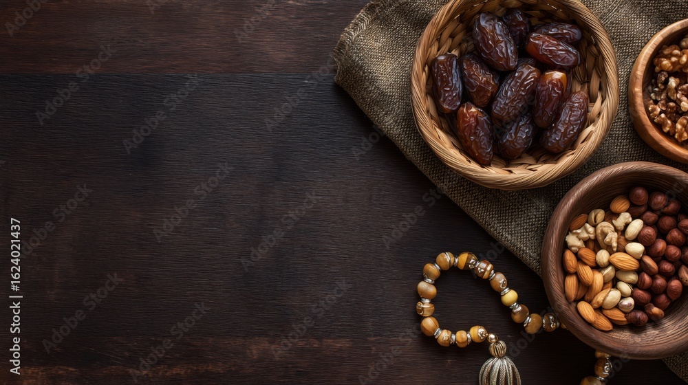 Fototapeta premium Flat Lay of Dates, Nuts, and Woven Basket on Dark Wood Background