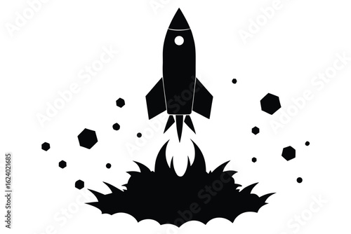 rocket ship blast off silhouette with flame and de.eps