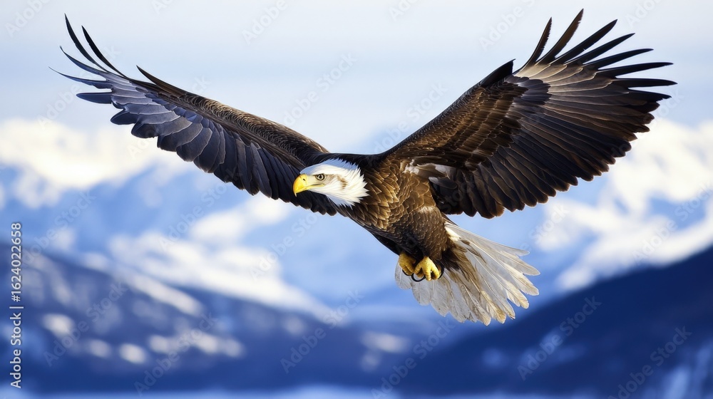 Naklejka premium Majestic eagle soaring over snow-capped mountains (5)