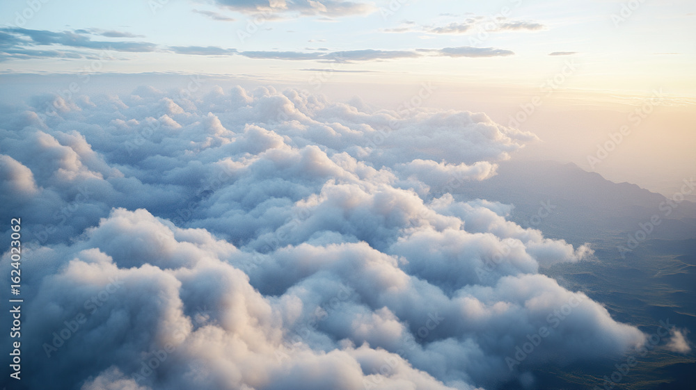 Fototapeta premium Aerial view of clouds from airplane at high altitude, International Day of Clean Air for Blue Skies