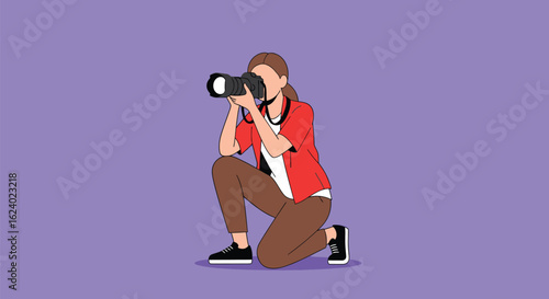 Female Photographer Taking Photos on One Knee

