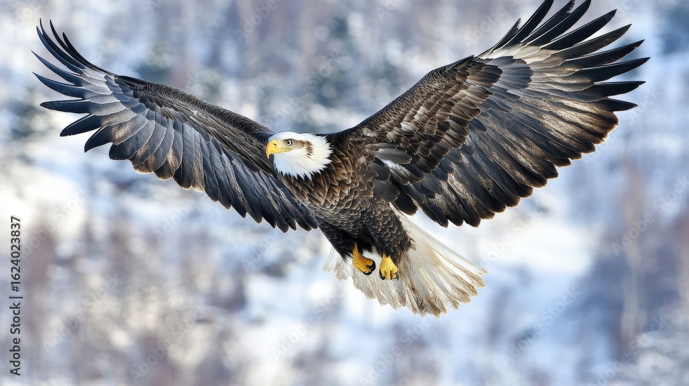 Fototapeta premium Majestic eagle soaring over snowy landscape