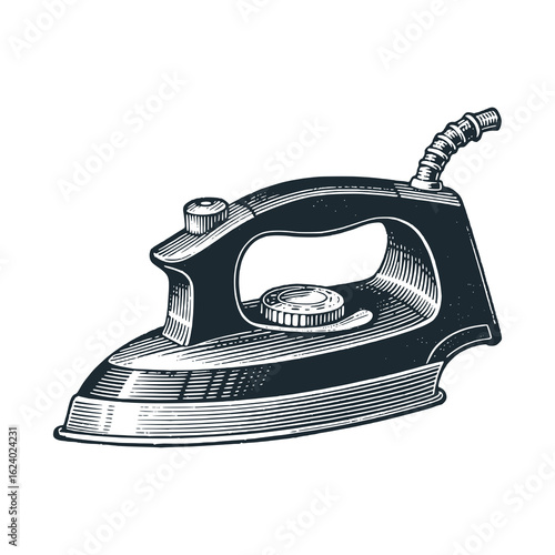 Electric iron. Black white vector illustration.