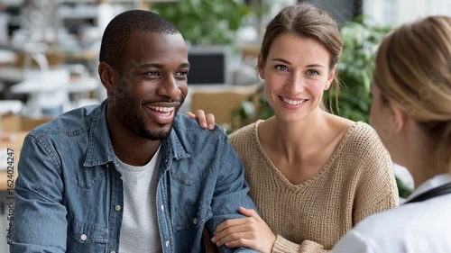 Happy couple in casual clothing consulting doctor in healthcare setting, representing accessibility and comfort – Video 4K UHD 60fps