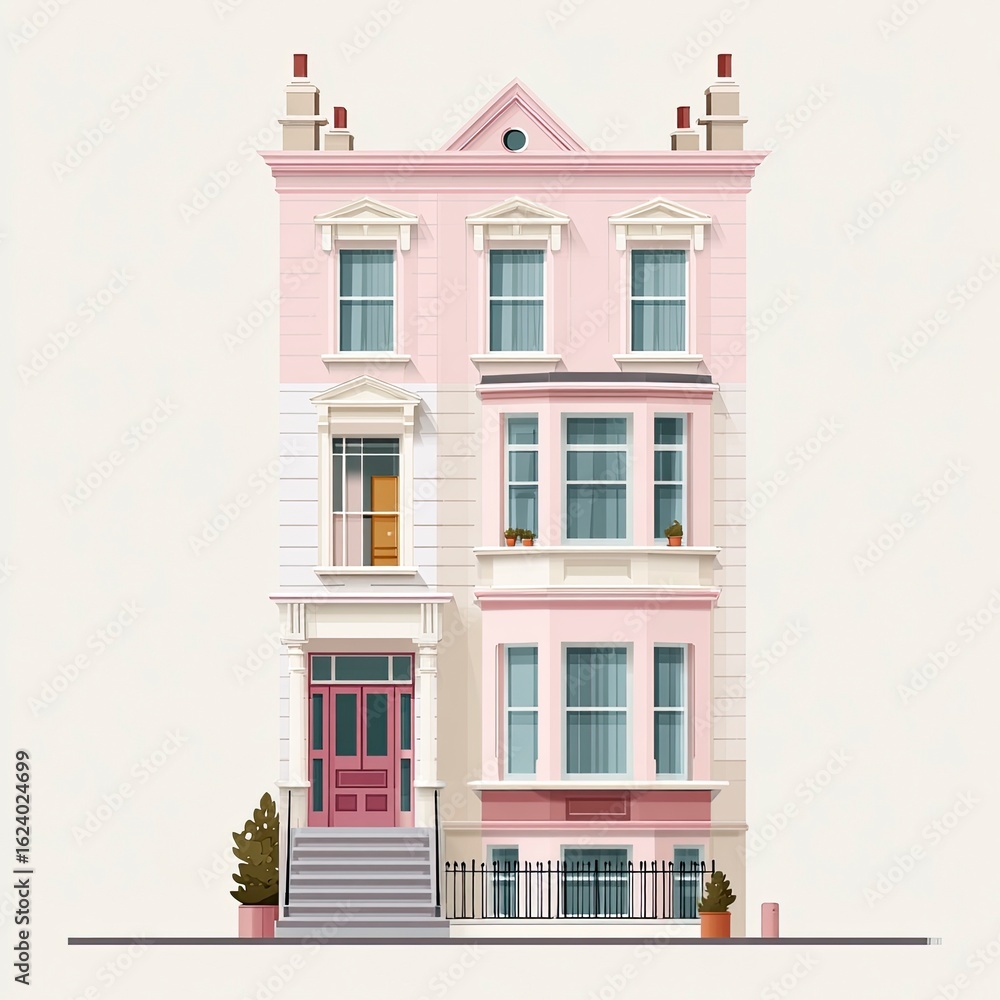 Obraz premium Pink Victorian townhouse, city street, illustration, real estate