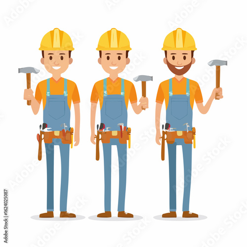 Set of three male carpenter characters in work uniform with hard hats and tool belts. Vector illustration of a builder holding a hammer.