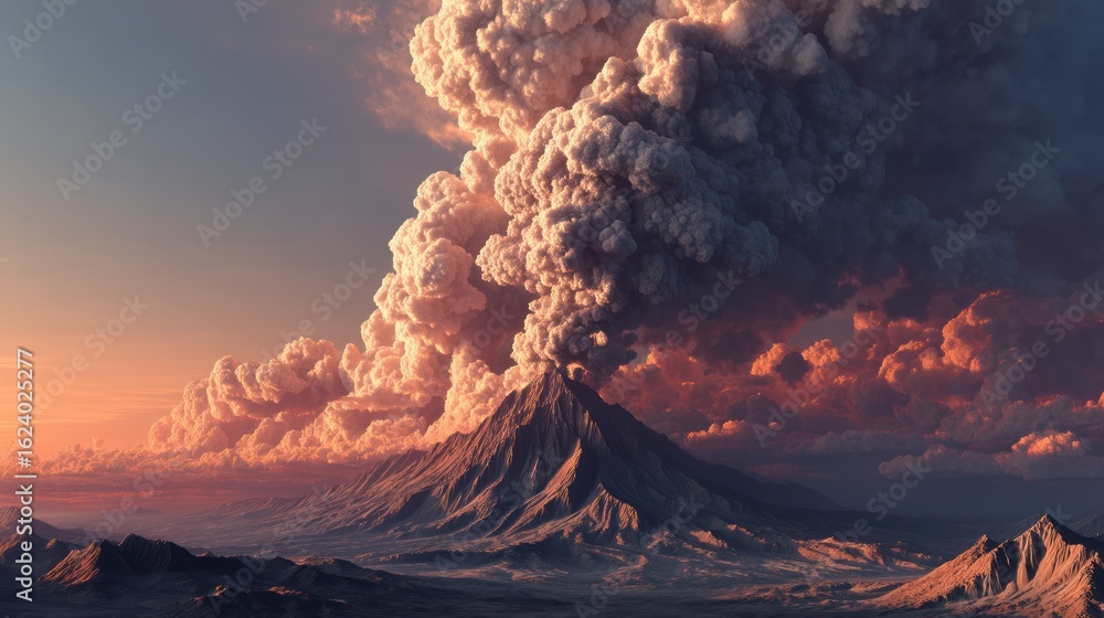 Fototapeta premium A hyper-realistic 3D volcano spewing ash and smoke at sunset