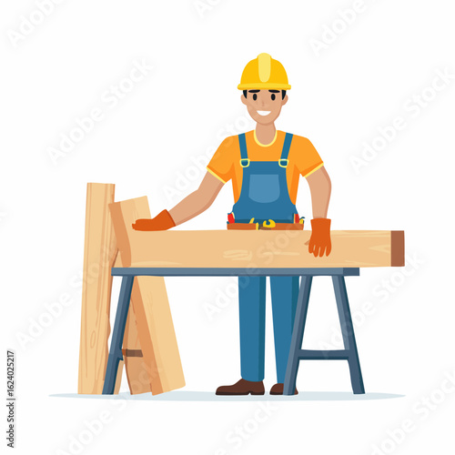 A professional carpenter in a hard hat and overalls working with wooden planks on a workbench. Flat vector illustration.