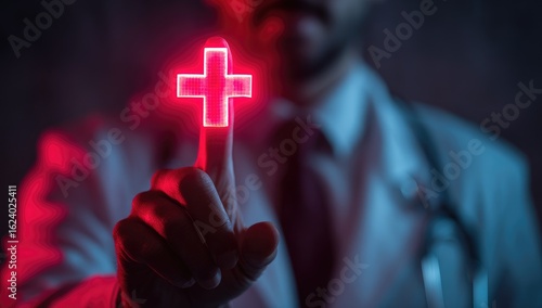Doctor's finger glows with red cross