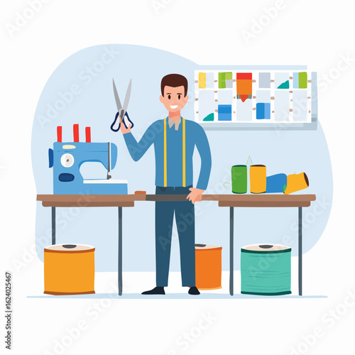 Flat design vector illustration of a male tailor in his workshop. A cheerful character with a sewing machine and scissors.