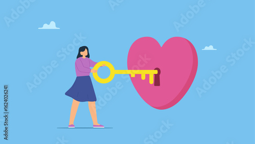 Businesswoman holding a key to unlock the heart. Unlock work passion of your business, motivation to success and win business competition, mindset or attitude to work in we love to do. 