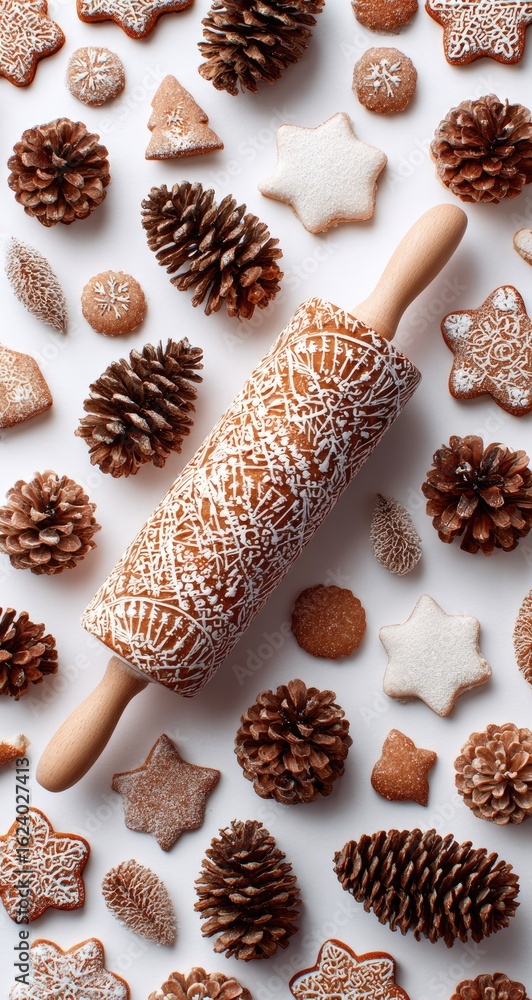 Fototapeta premium A wooden rolling pin with an embossed design rests atop a white surface scattered with gingerbread cookies and pine cones, creating a festive holiday scene