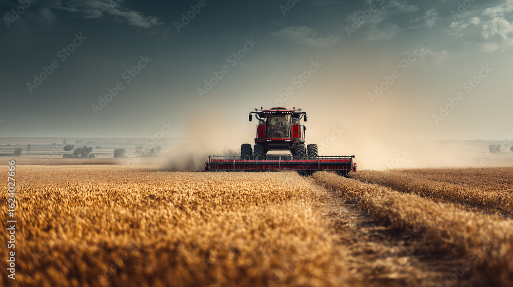 Obraz premium Harvesting Grain: A combine harvester cuts through a golden field of wheat on a hazy day, embodying the essence of agriculture. 