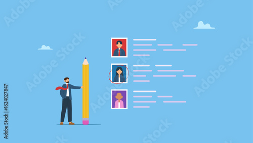 Businessman with pencil to choose candidate employees. Recruitment hiring process to choose candidate to fit job position concept, HR Human Resources recruiting people in job.