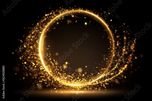 A glowing golden ring made of sparkling light particles on a dark background, creating a magical and elegant visual effect