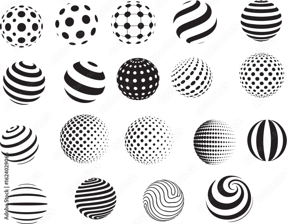 Halftone Black and White Sphere Set – Abstract Dotted and Striped Vector Balls for Logo & Web Design Halftone Black and White Sphere Set – Abstract Dotted and Striped Vector Balls for Logo & Web Design