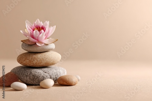 Serene spa stones, pink water lily, beige background, wellness