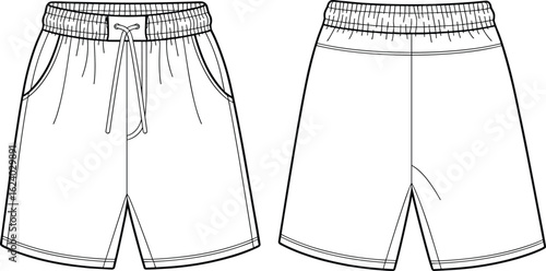 Men’s casual drawstring shorts flat sketch front and back, vector technical drawing template for fashion design and garment production.