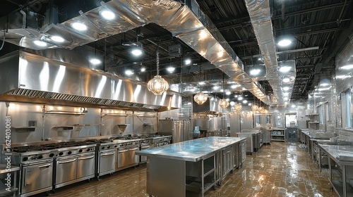 Modern Industrial Kitchen with Stainless Steel Fixtures and Lighting