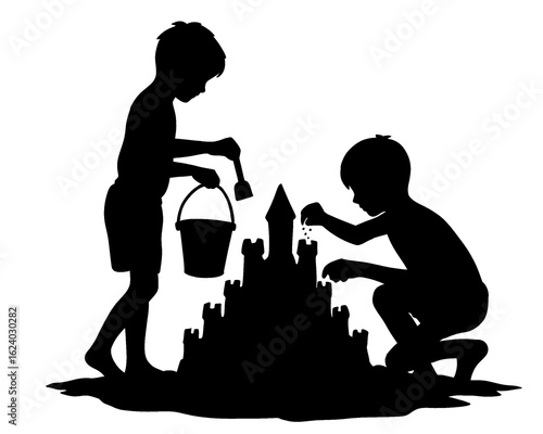 Silhouette of children making sand castle, vector illustration of children playing, image isolated on white background
