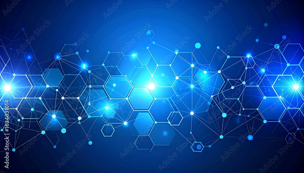 Obraz premium futuristic blue background with glowing hexagonal shapes and interconnected nodes, representing digital network and technology.