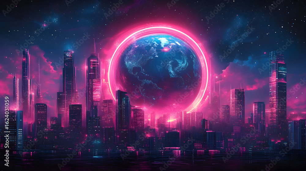 Fototapeta premium Digital illustration of a high-tech Earth globe surrounded by neon-lit city structures and cosmic energy, vibrant sci-fi design with pink and blue galactic atmosphere