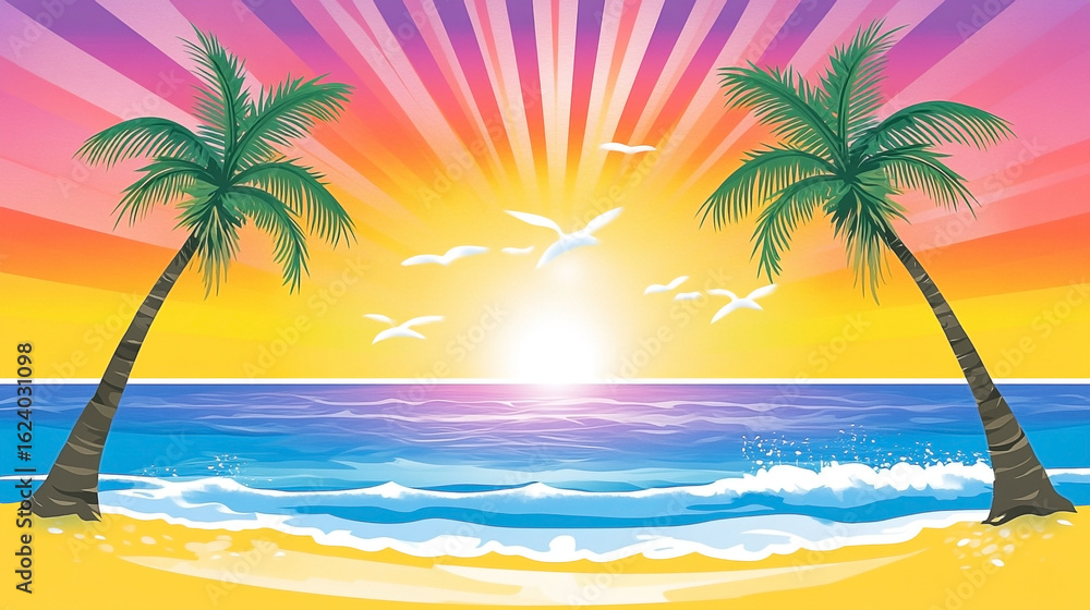Obraz premium Vibrant coastal scene with sunlit palm trees and stylized ocean waves illustration
