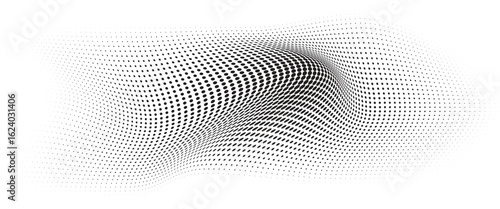 Flowing Wave Dot Halftone Pattern: Curve Gradient Shape on Transparent Background. Suitable for AI, Tech, Network, Digital, Science, and Technology Themes.