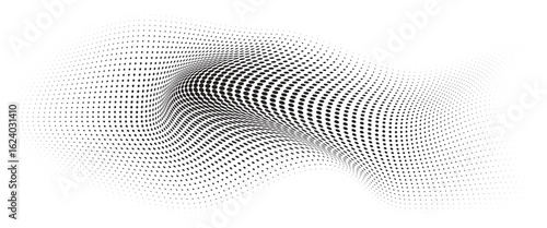 Flowing Wave Dot Halftone Pattern: Curve Gradient Shape on Transparent Background. Suitable for AI, Tech, Network, Digital, Science, and Technology Themes.