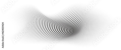 Flowing Wave Dot Halftone Pattern: Curve Gradient Shape on Transparent Background. Suitable for AI, Tech, Network, Digital, Science, and Technology Themes.