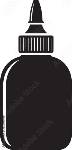 Black glue bottle with pointed applicator tip and ribbed cap adhesive black and white