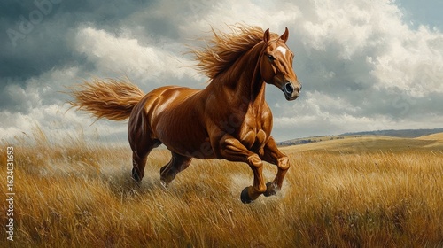 Majestic horse galloping through golden grassland  2 