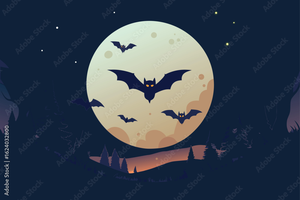 Fototapeta premium -flying-bats-with-glowing-eyes-over-a-full-moon--s.eps