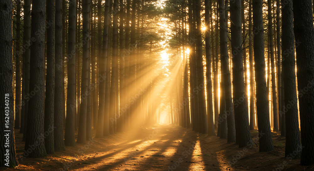 Obraz premium Golden Sunlight Filtering Through a Dense Forest of Tall Trees Creating a Mystical Ambiance