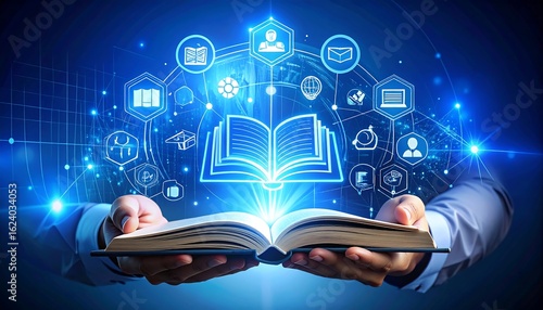 Hands hold an open book with a glowing digital network of educational icons surrounding it, symbolizing knowledge and learning.