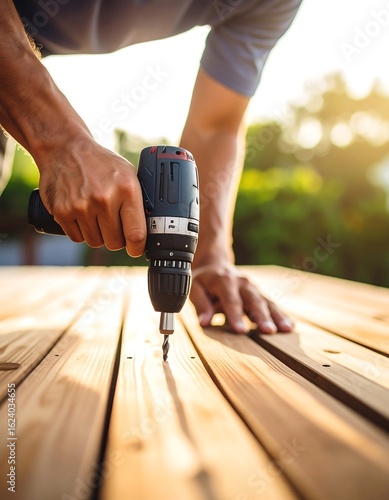 Close-up of a man using a drill to install a screw in wooden decking