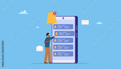 A man get chat messages notification on mobile phone. Ring subscription bell to get reminder for new social media content, turn on notification on social media for up to date.
